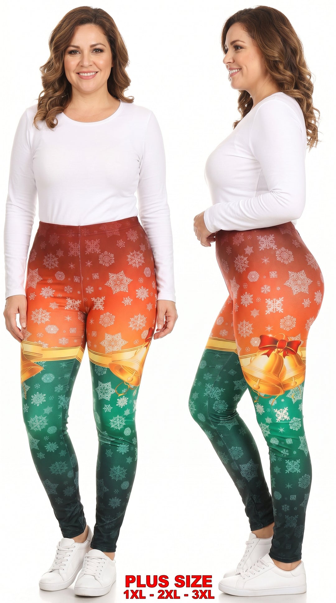 Wholesale Festive Red and Green Split Christmas Bells Plus Size Leggings