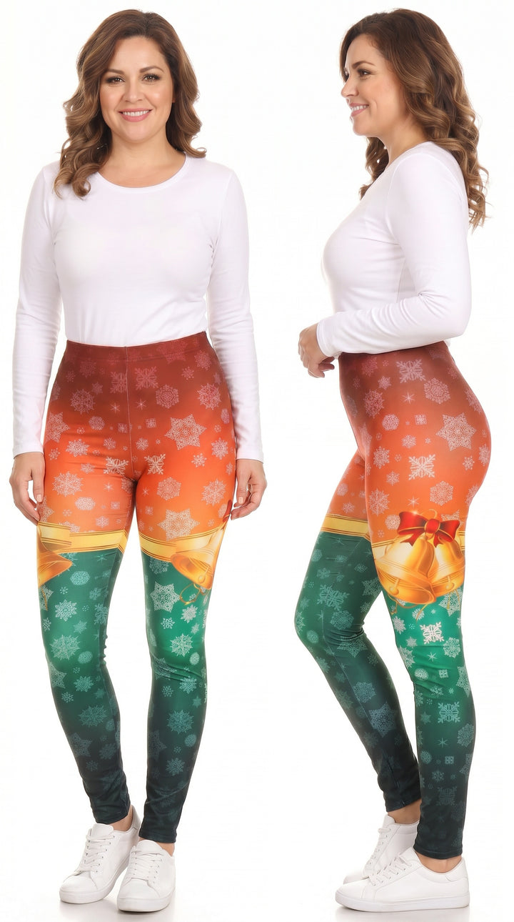 Wholesale Festive Red and Green Split Christmas Bells Leggings