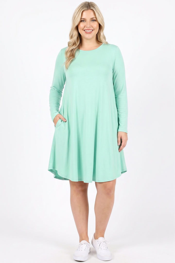 Wholesale Premium Long Sleeve A-Line Round Hem Plus Size Rayon Tunic with Pockets