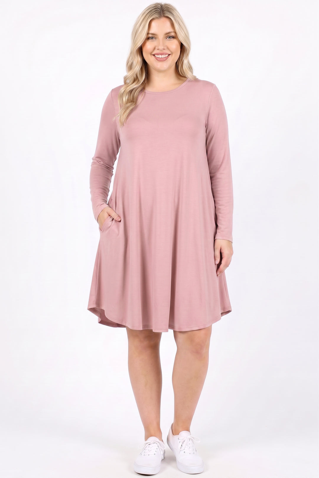 Wholesale Premium Long Sleeve A-Line Round Hem Plus Size Rayon Tunic with Pockets