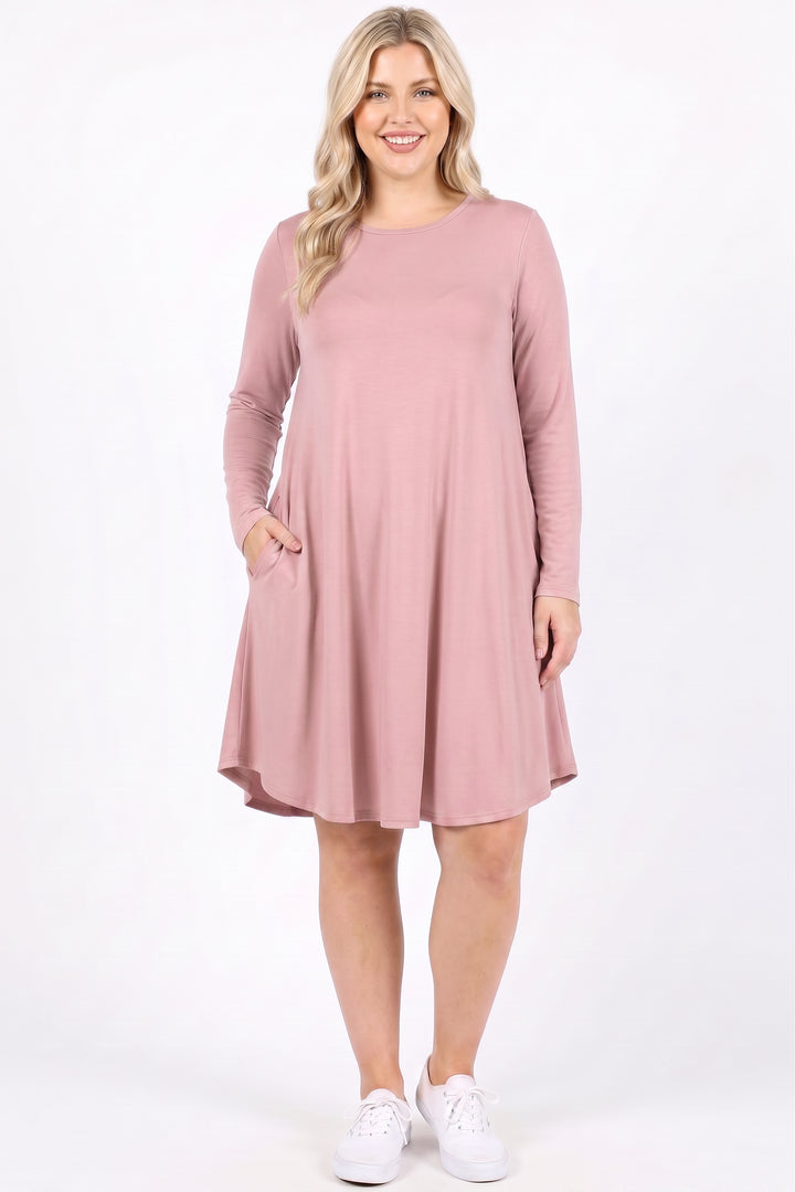 Wholesale Premium Long Sleeve A-Line Round Hem Plus Size Rayon Tunic with Pockets