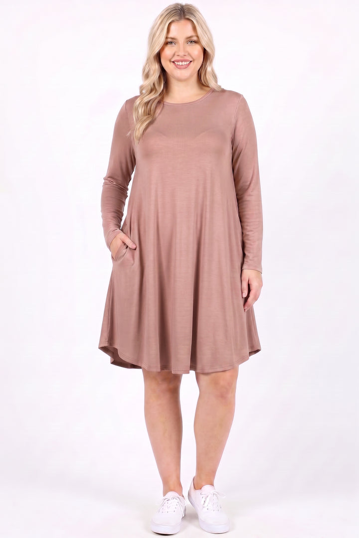 Wholesale Premium Long Sleeve A-Line Round Hem Plus Size Rayon Tunic with Pockets
