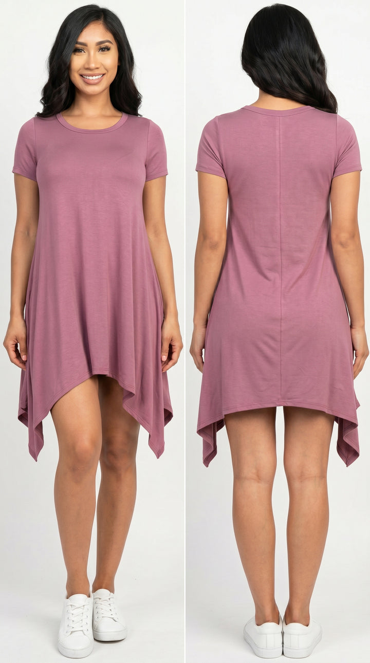 Wholesale Solid Asymmetrical Short Sleeve Trapeze Dress