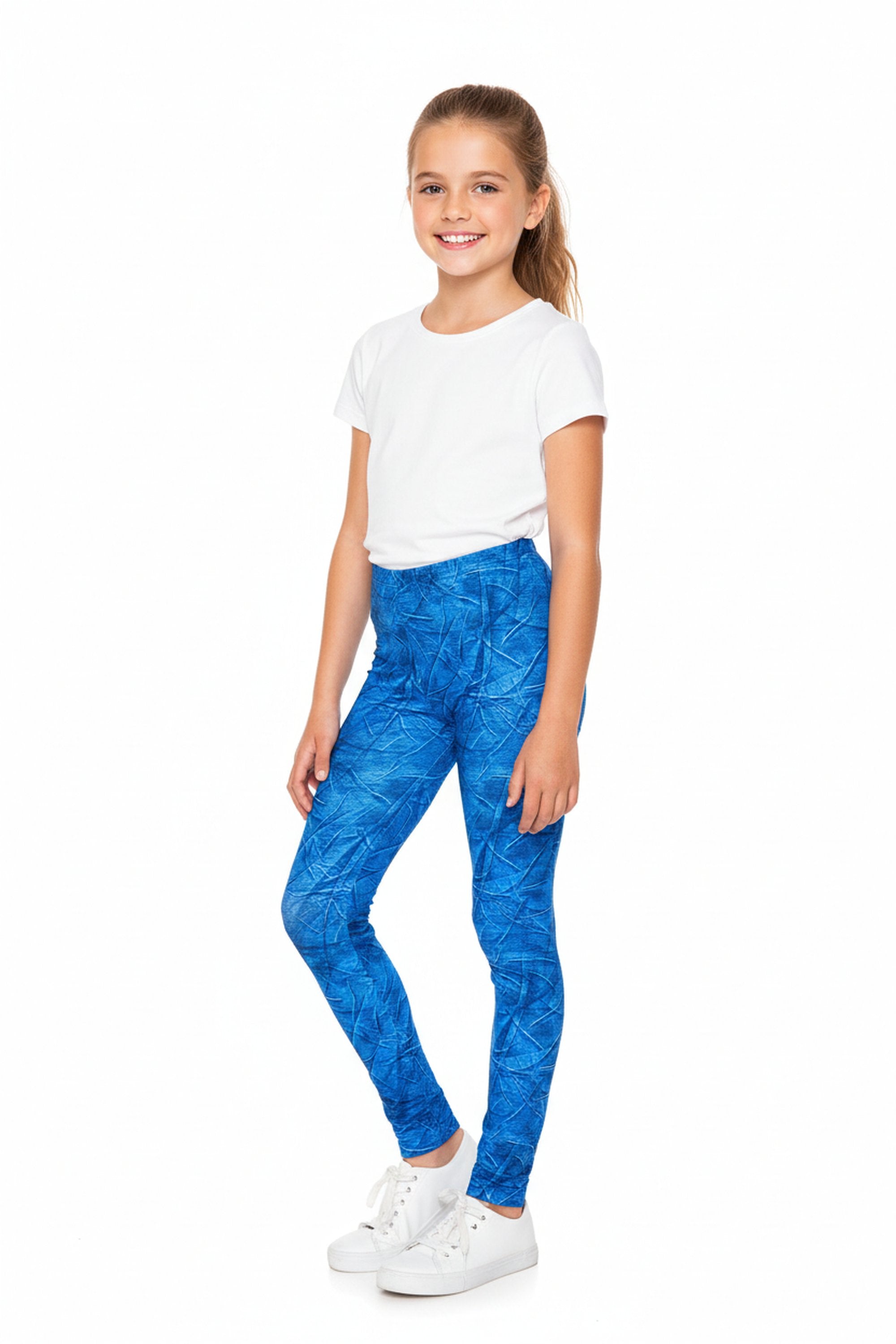 Wholesale Creamy Soft Blue Wrinkled Denim Kids Leggings - USA Fashion