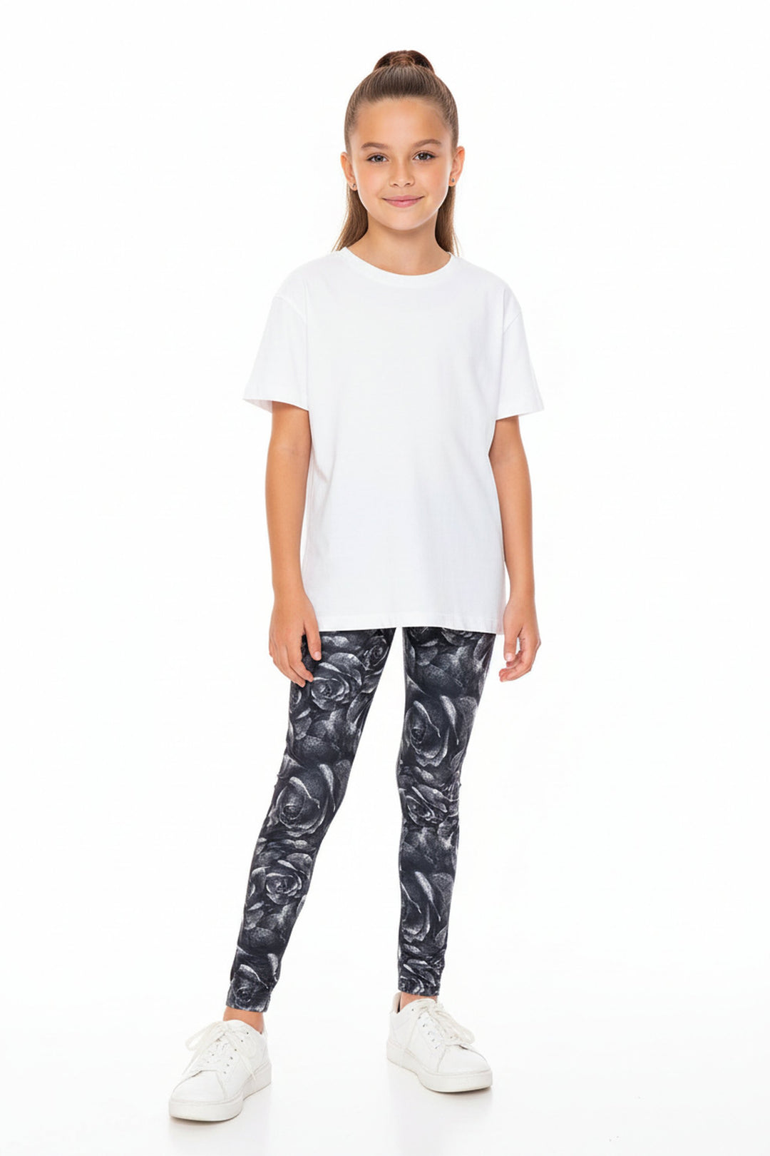 Wholesale Creamy Soft Monochrome Rose Floral Kids Leggings - USA Fashion