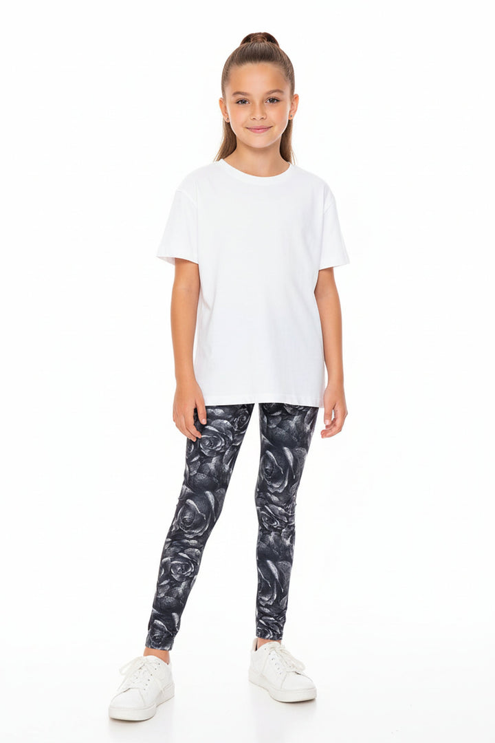 Wholesale Creamy Soft Monochrome Rose Floral Kids Leggings - USA Fashion