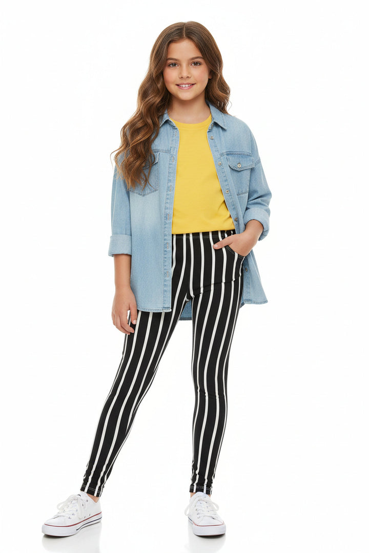 Wholesale Buttery Soft Black Vertical Pinstripe Kids Leggings
