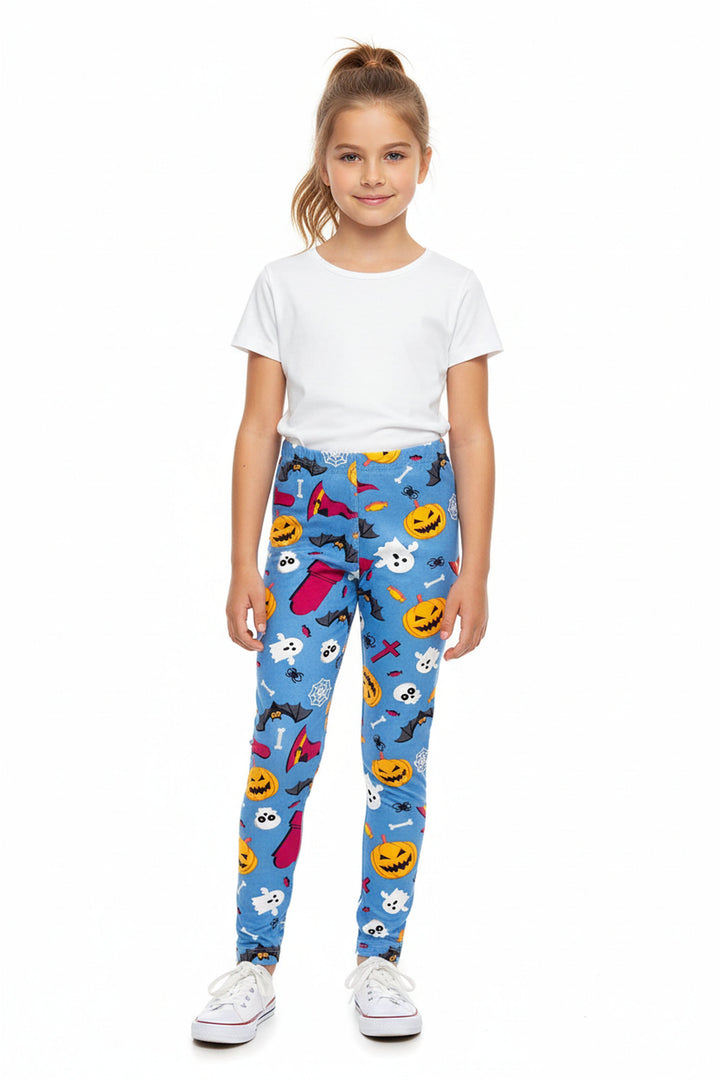 Wholesale Buttery Soft Steel Blue Halloween Motif Kids Leggings
