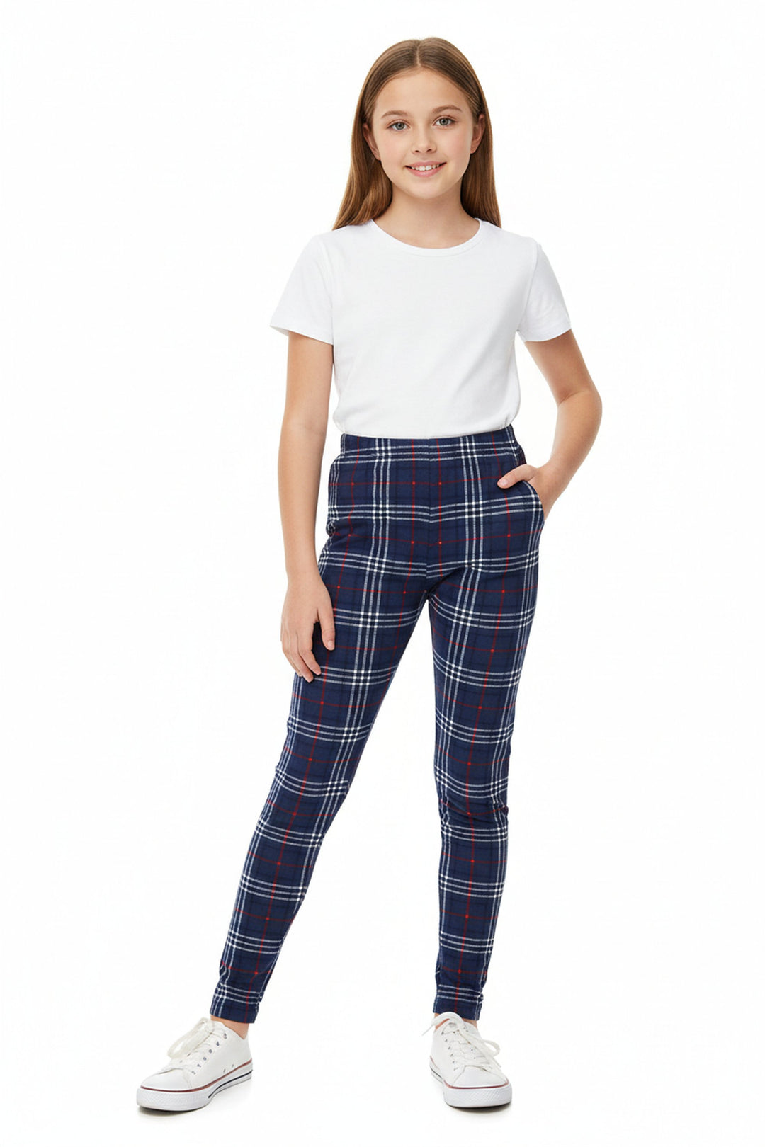 Wholesale Buttery Soft Navy Blue Plaid Kids Leggings