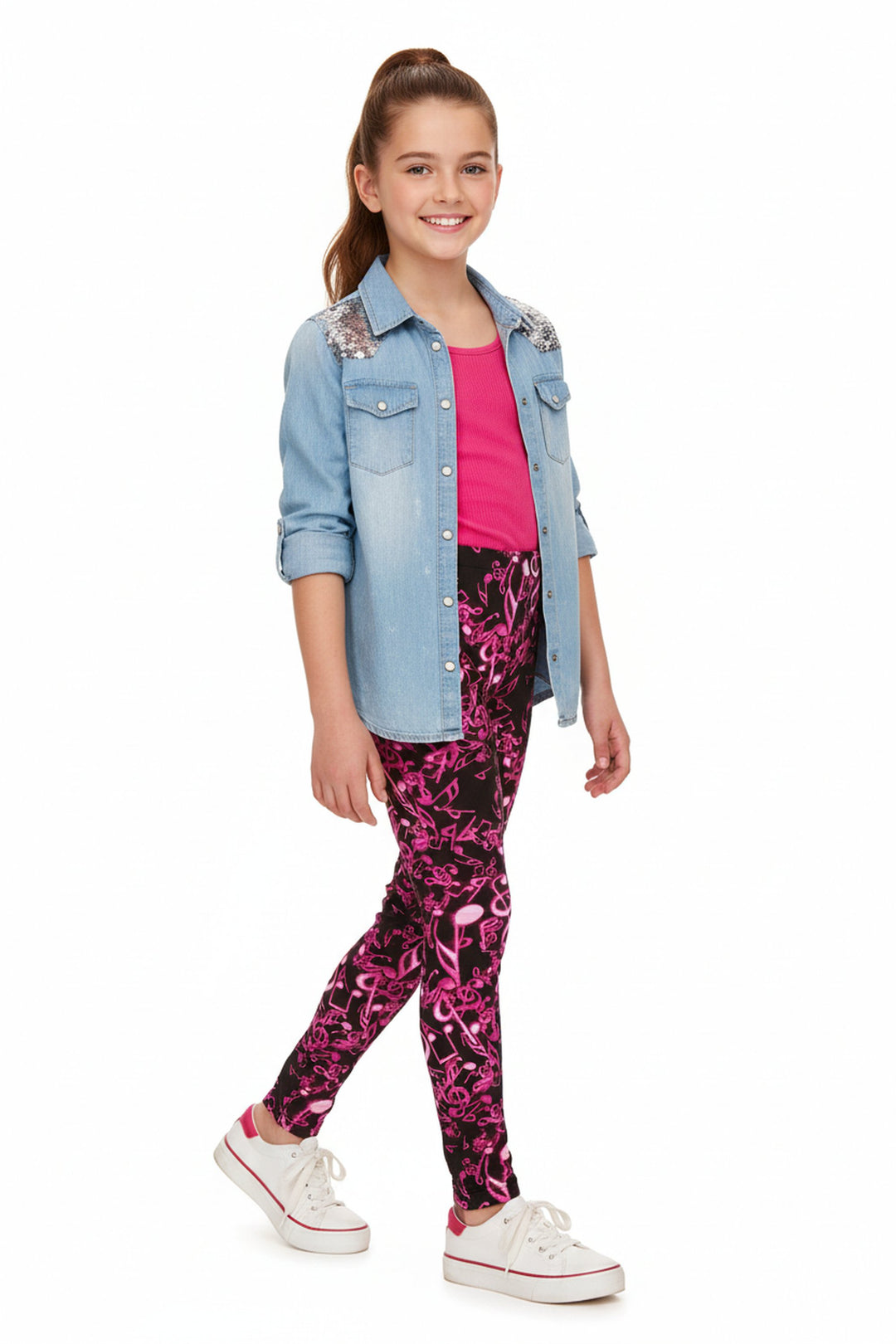 Wholesale Buttery Soft Electric Fuchsia Music Note Kids Leggings