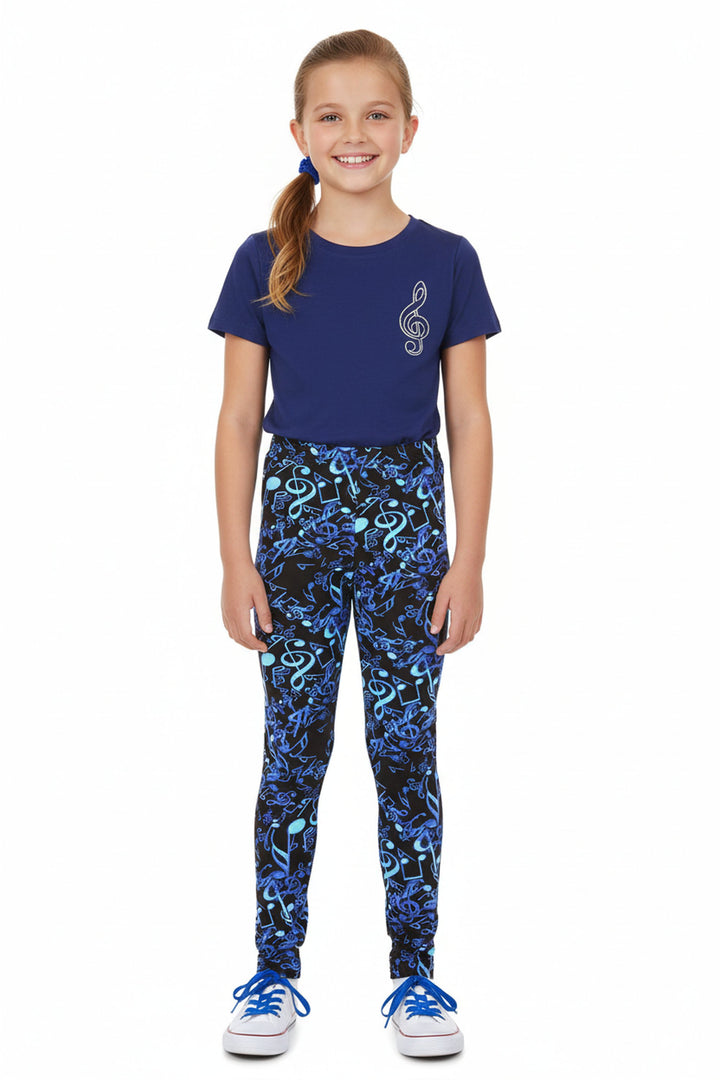 Wholesale Buttery Soft Electric Blue Music Note Kids Leggings