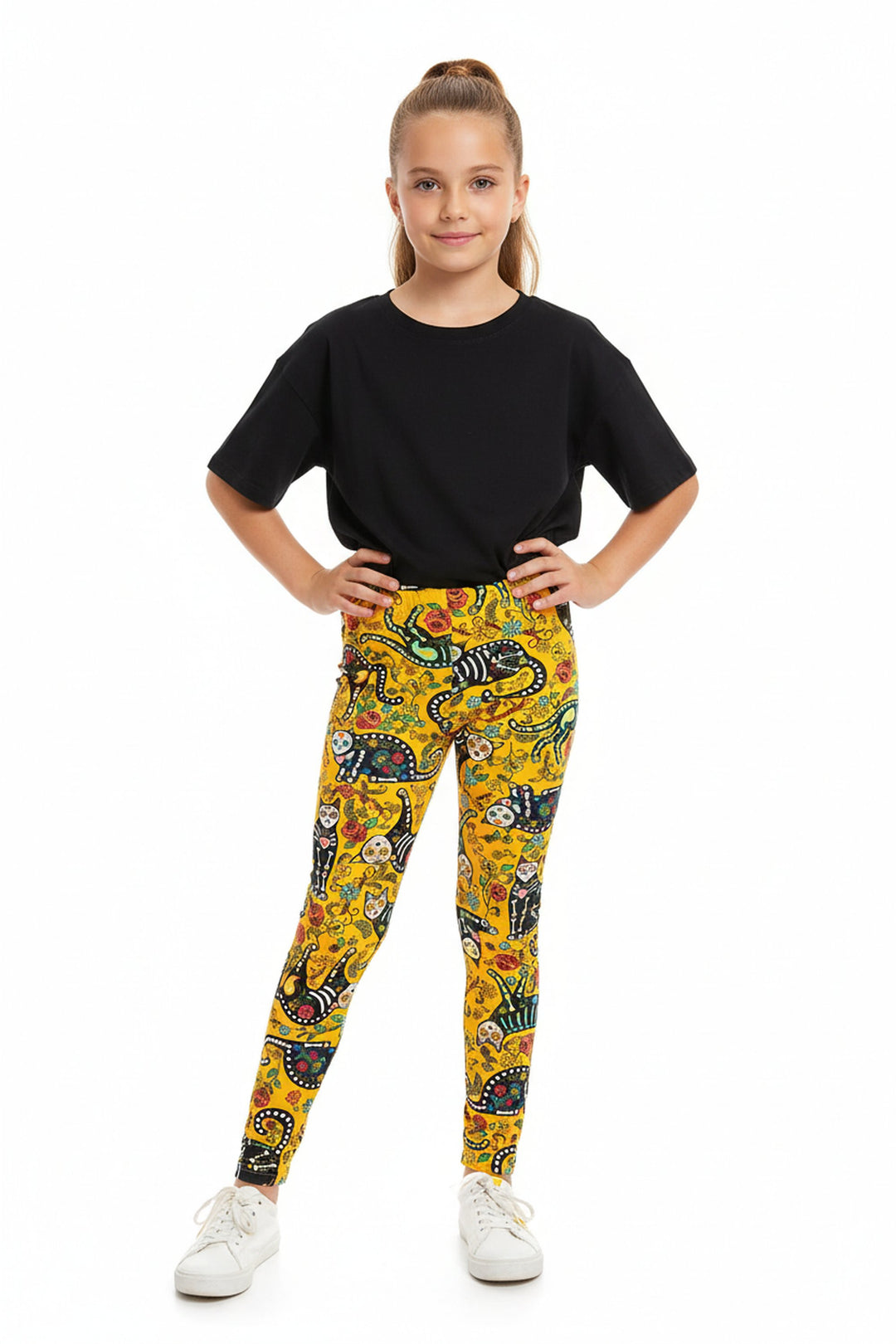 Wholesale Buttery Soft Kitty Cat Mustard Sugar Skull Kids Leggings