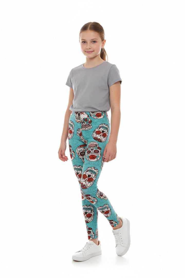 Wholesale Buttery Soft Teal Sugar Skull Kid's Leggings