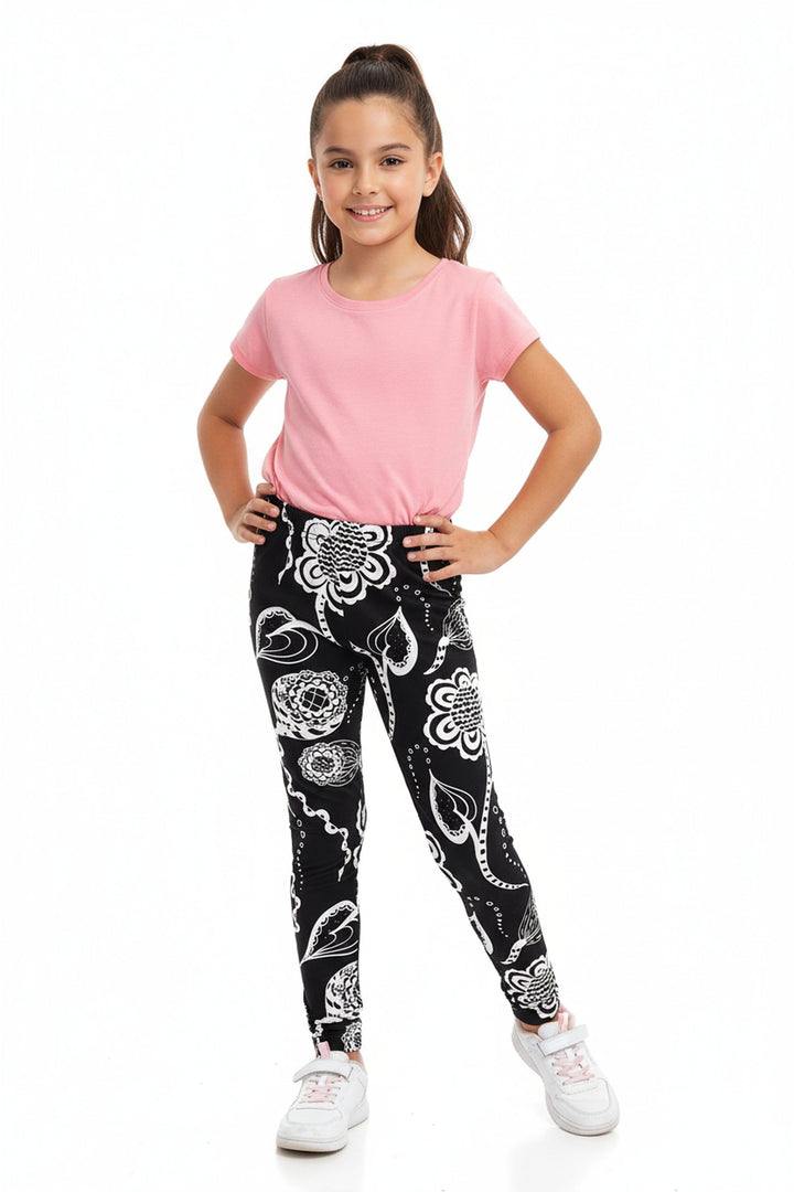 Wholesale Buttery Soft Black and White Elegant Floral Kids Leggings