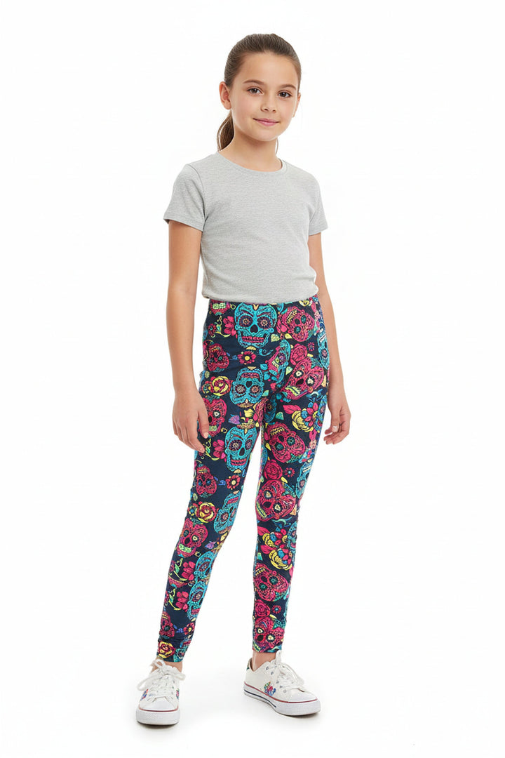 Wholesale Buttery Soft Red and Blue Sugar Skull Kids Leggings