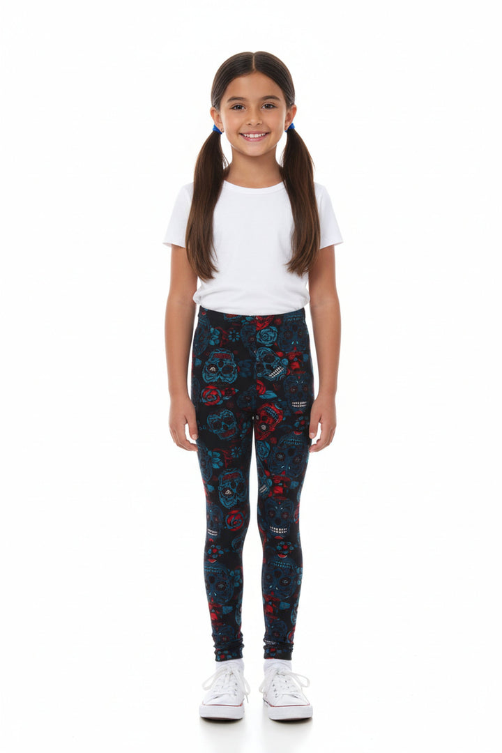 Wholesale Buttery Soft Blue Sugar Skulls Kids Leggings