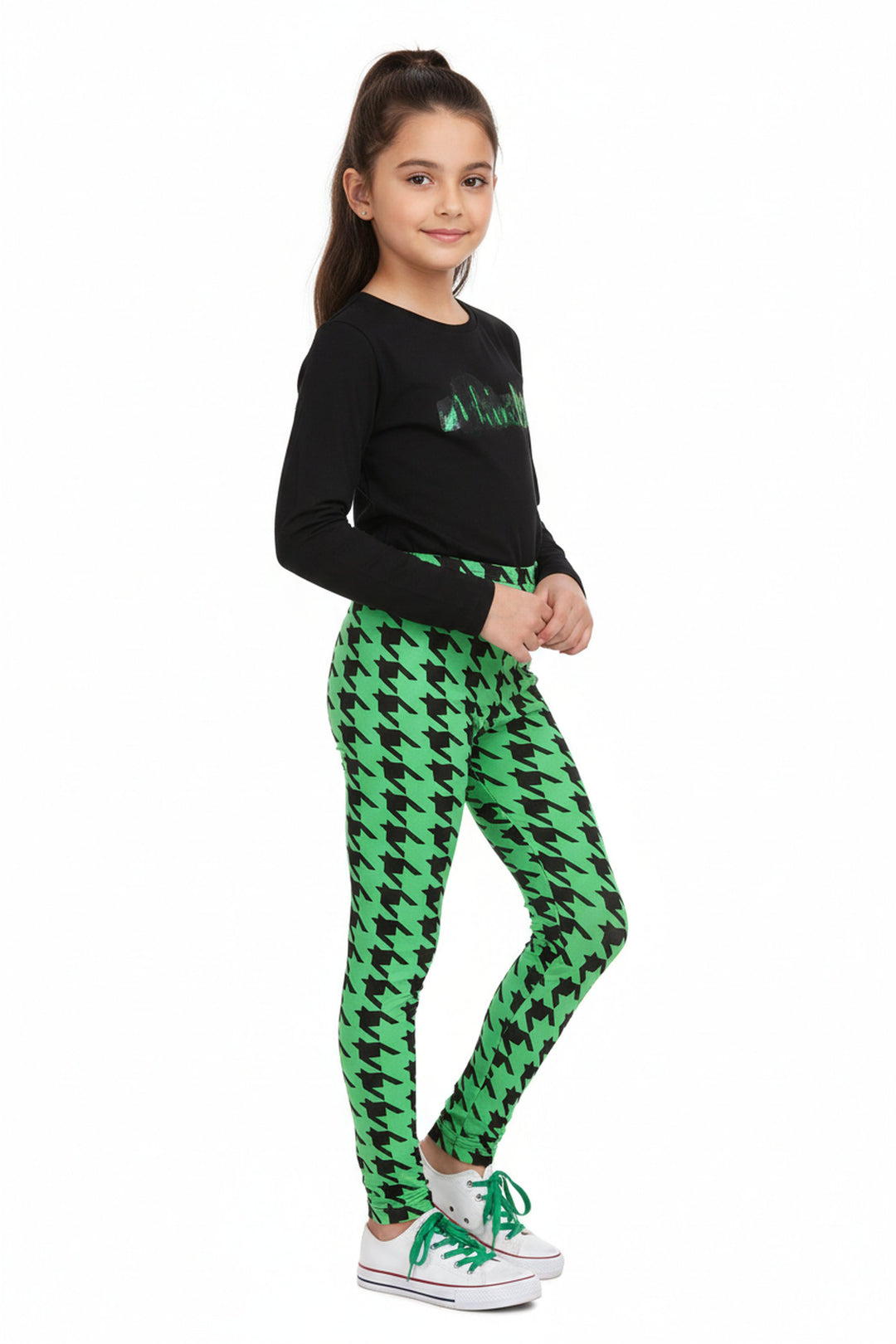 Wholesale Buttery Soft Green Houndstooth Kids Leggings