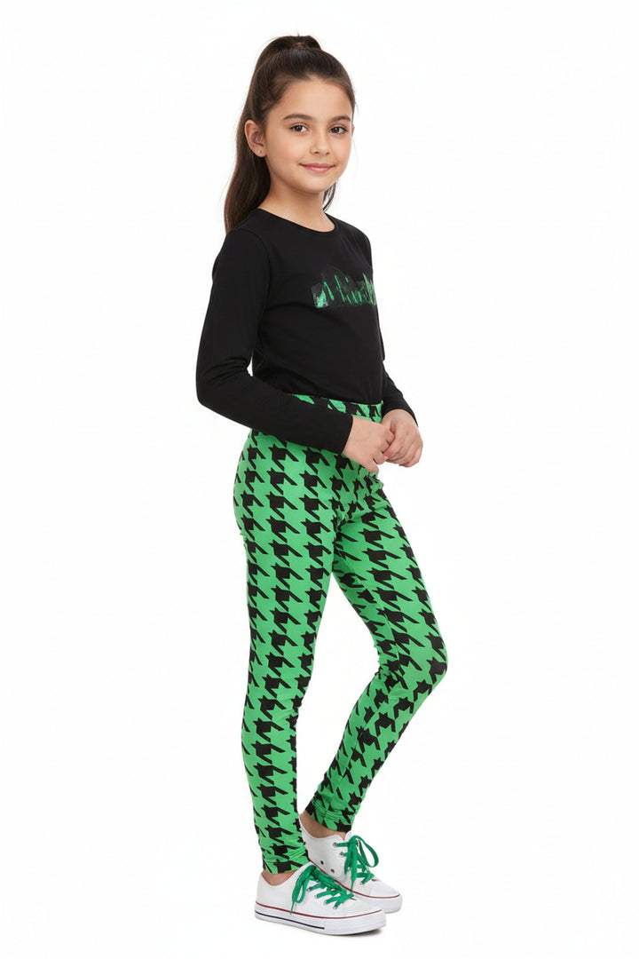 Wholesale Buttery Soft Green Houndstooth Kids Leggings