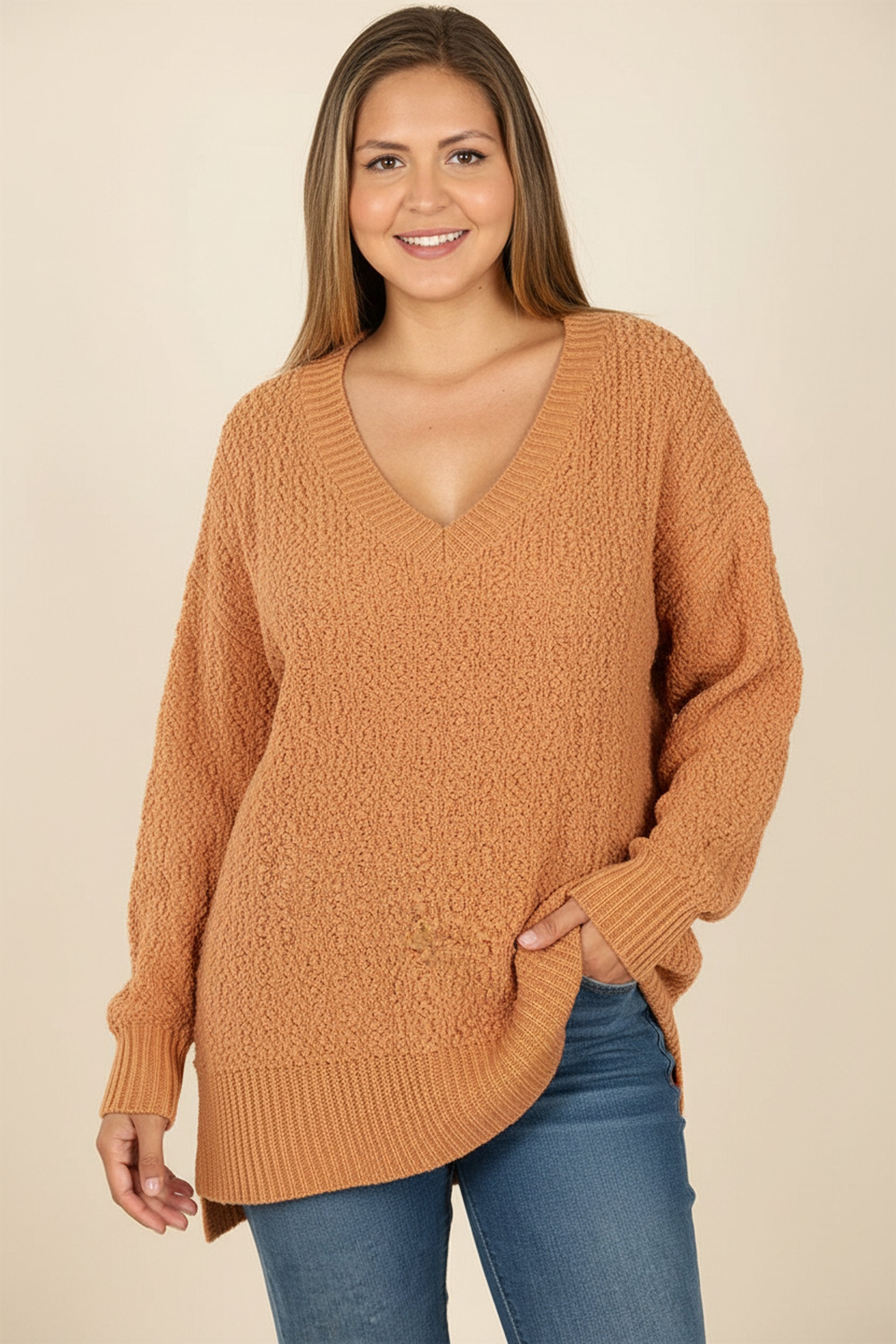 Wholesale Cable Knit Popcorn V-Neck Hi-Low Plus Size Sweater