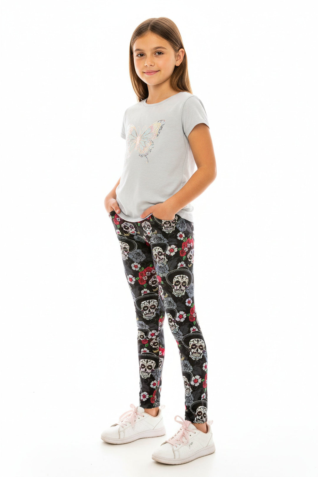 Wholesale Creamy Soft Sugar Skull Floral Kids Leggings - USA Fashion