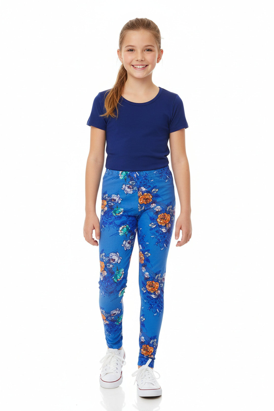 Wholesale Buttery Soft Denim Blue Floral Rose Kids Leggings