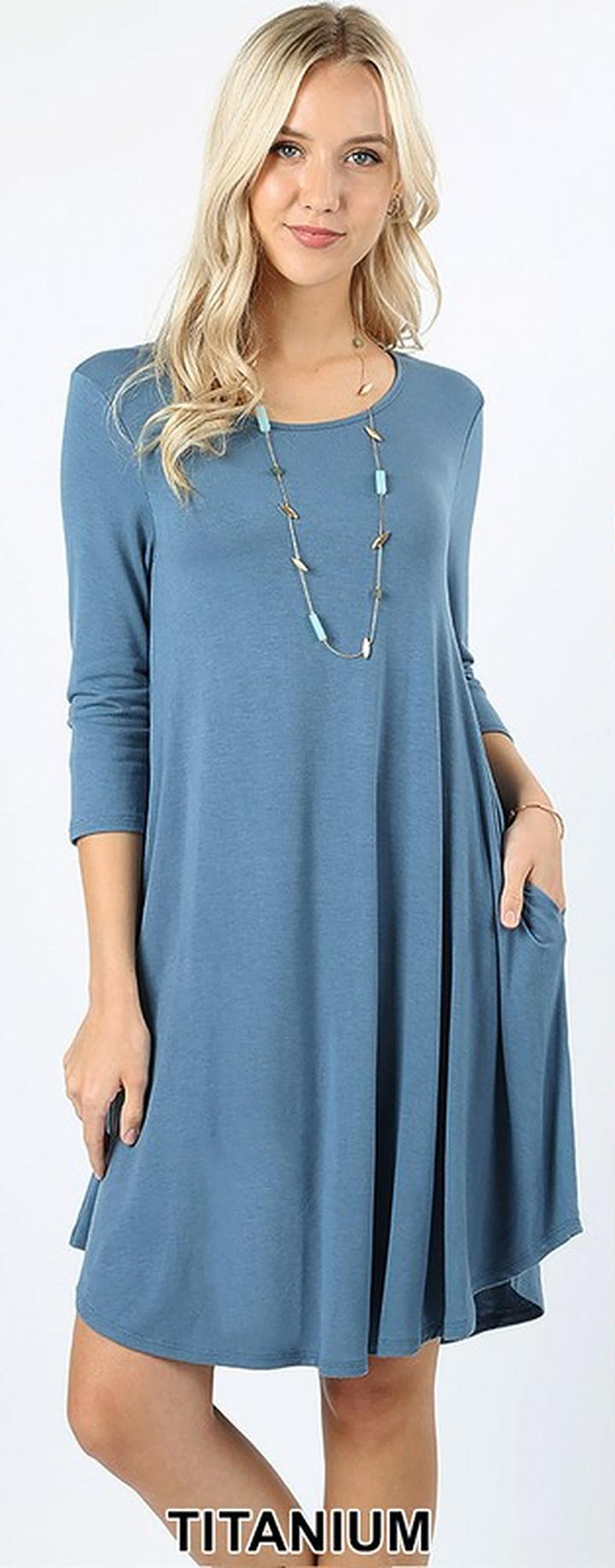 Wholesale 3/4 Sleeve Longline Round Hem Plus Size Rayon Tunic with Pockets