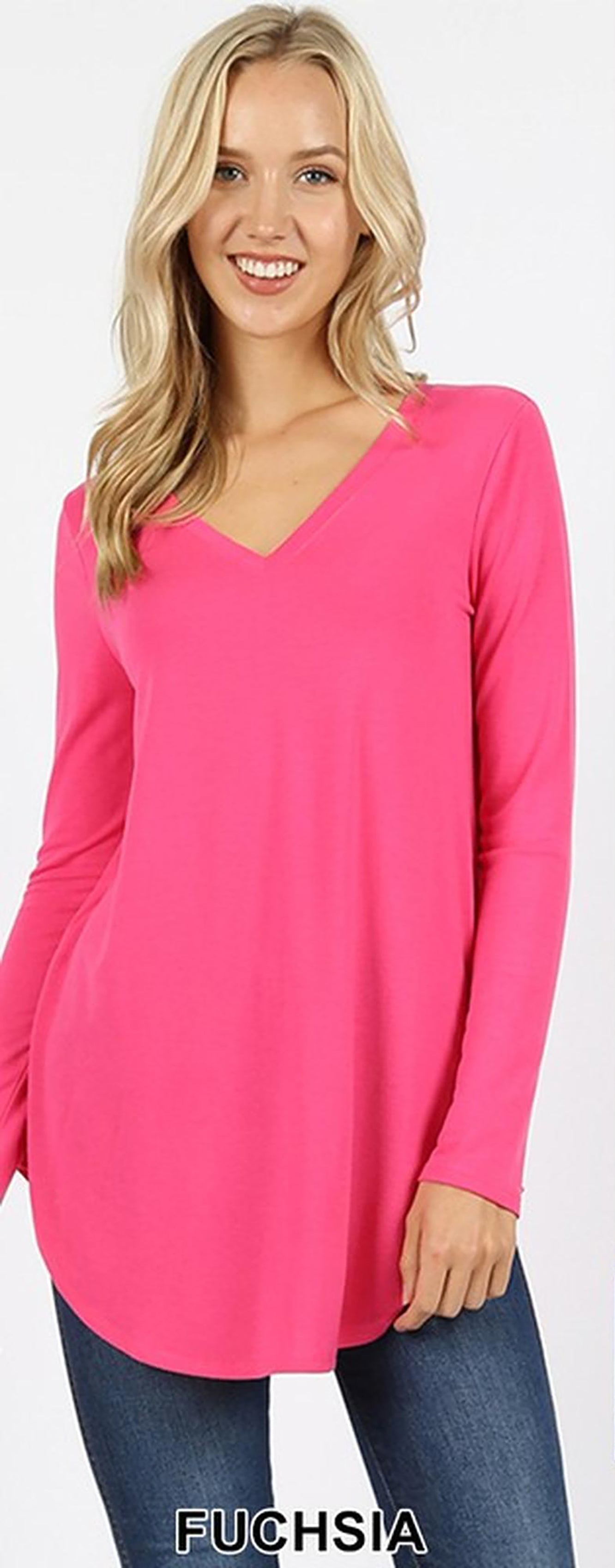 Wholesale Premium V-Neck Round Hem Long Sleeve Top