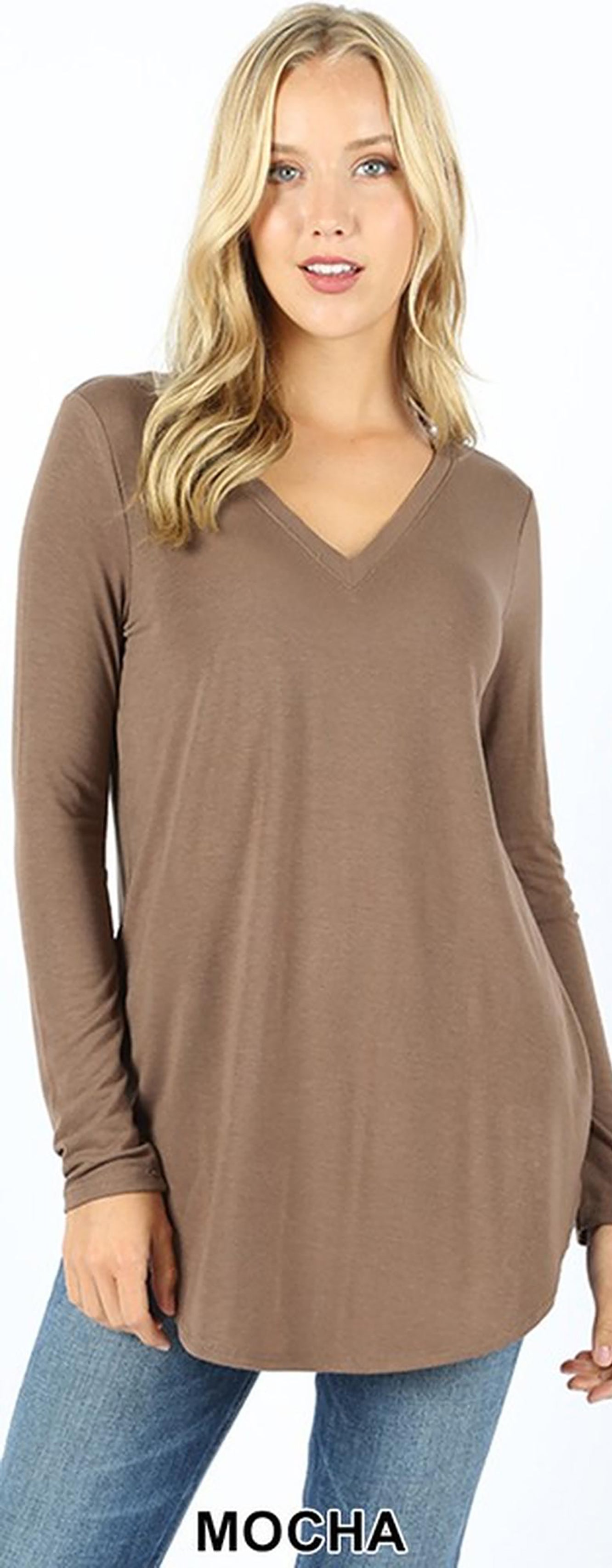 Wholesale Premium V-Neck Round Hem Long Sleeve Plus Size Top