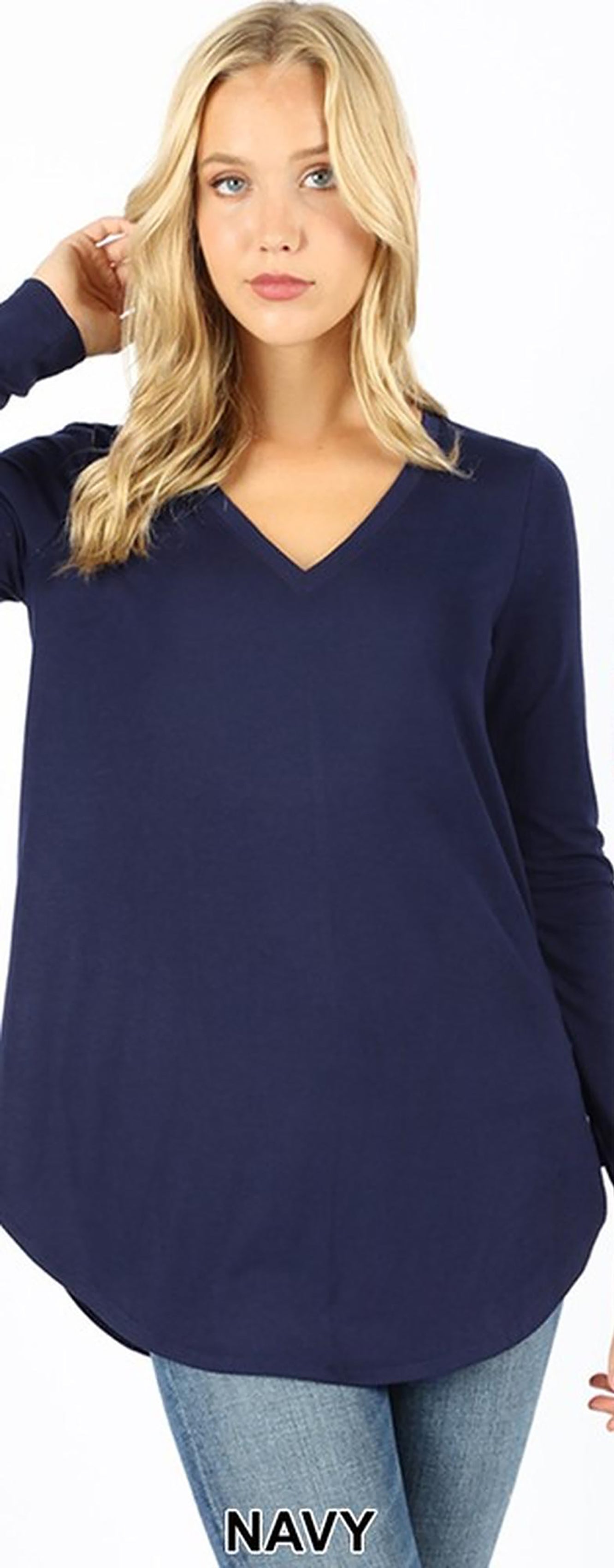 Wholesale Premium V-Neck Round Hem Long Sleeve Plus Size Top